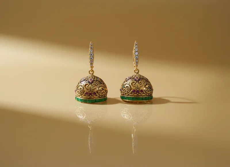 Zamurrad Filigree Jhumka Earrings, Gold 22K
